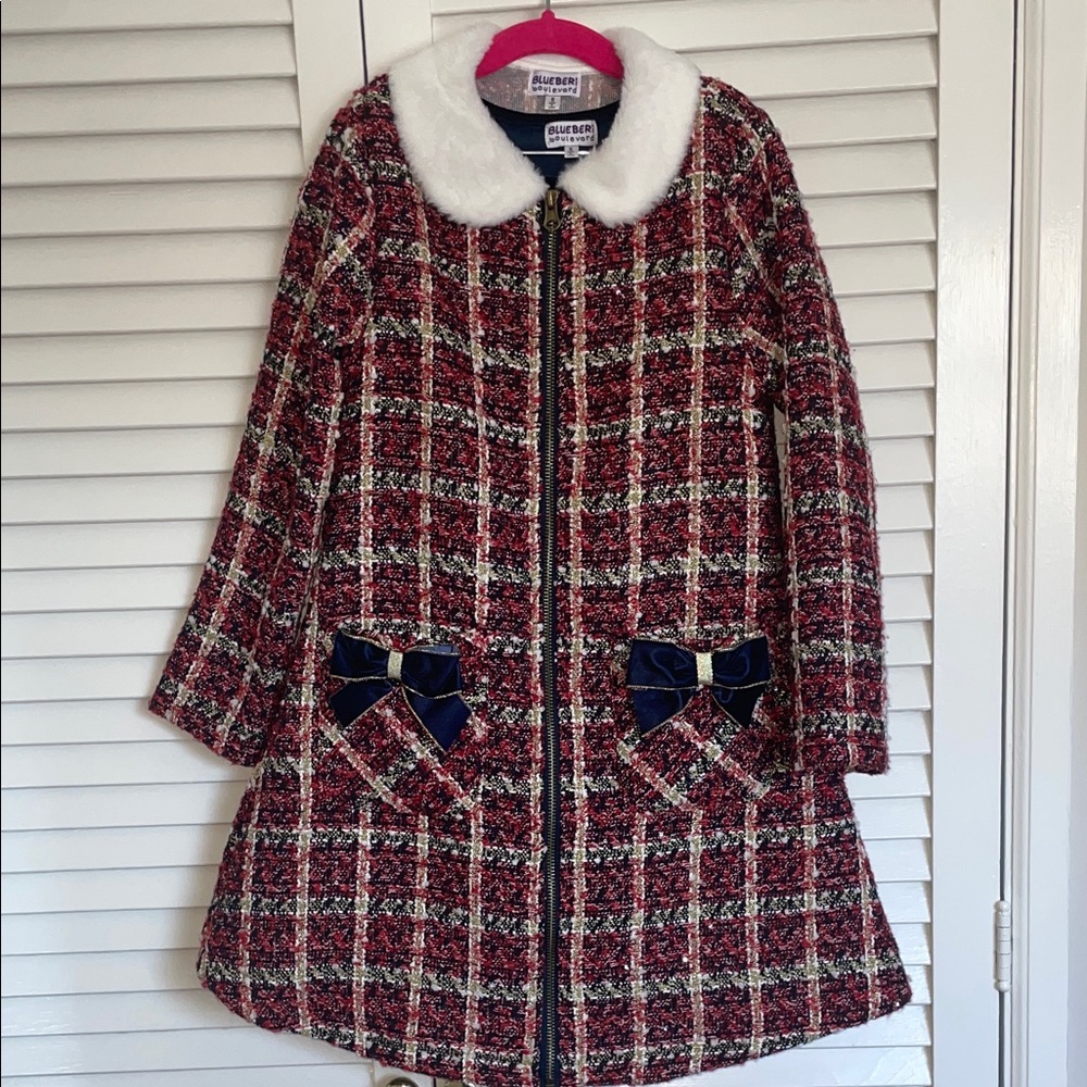 Blueberi Boulevard Red and White Plaid Tweed Coat with Matching Dress